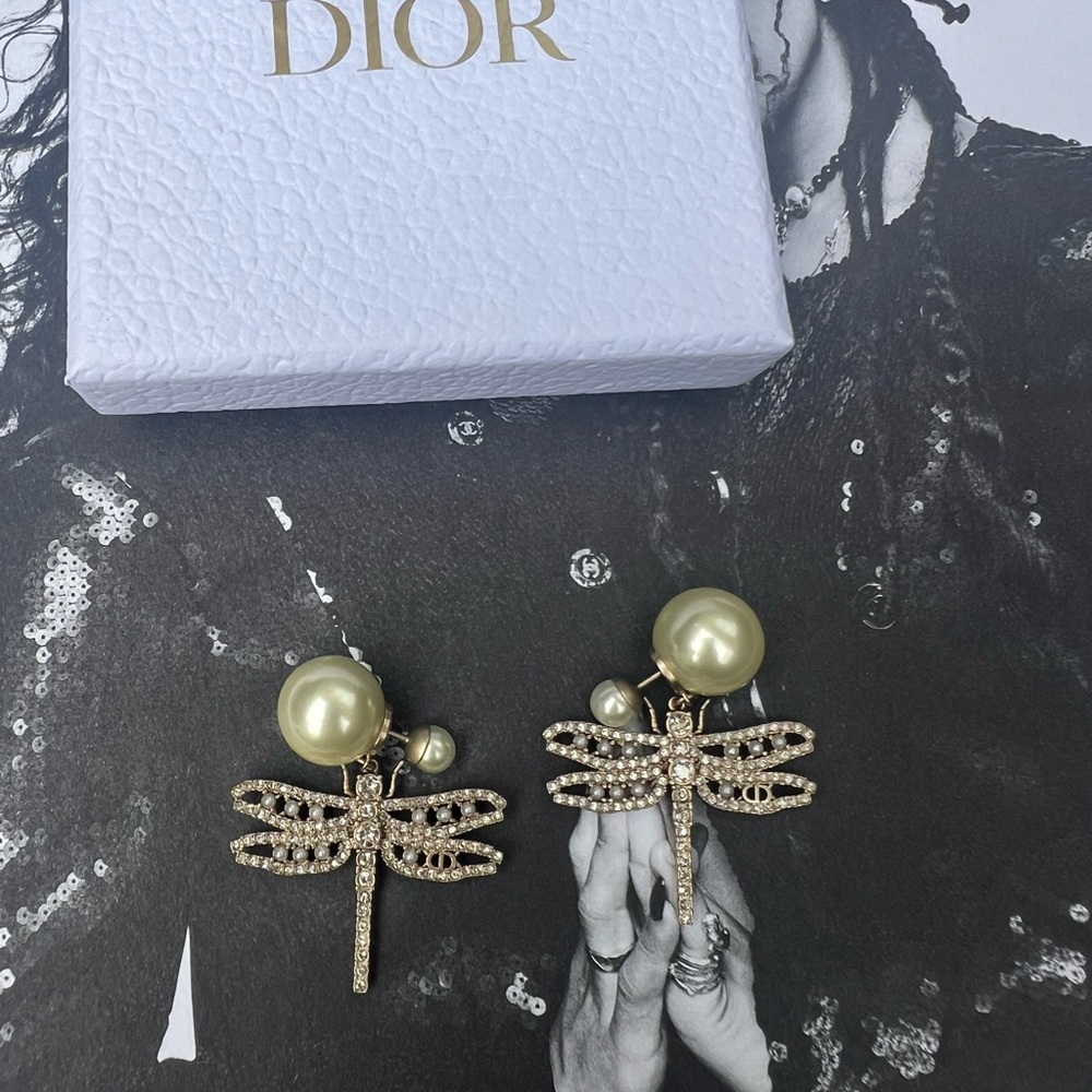 Dior Pearl and Gold Dragonfly Earrings